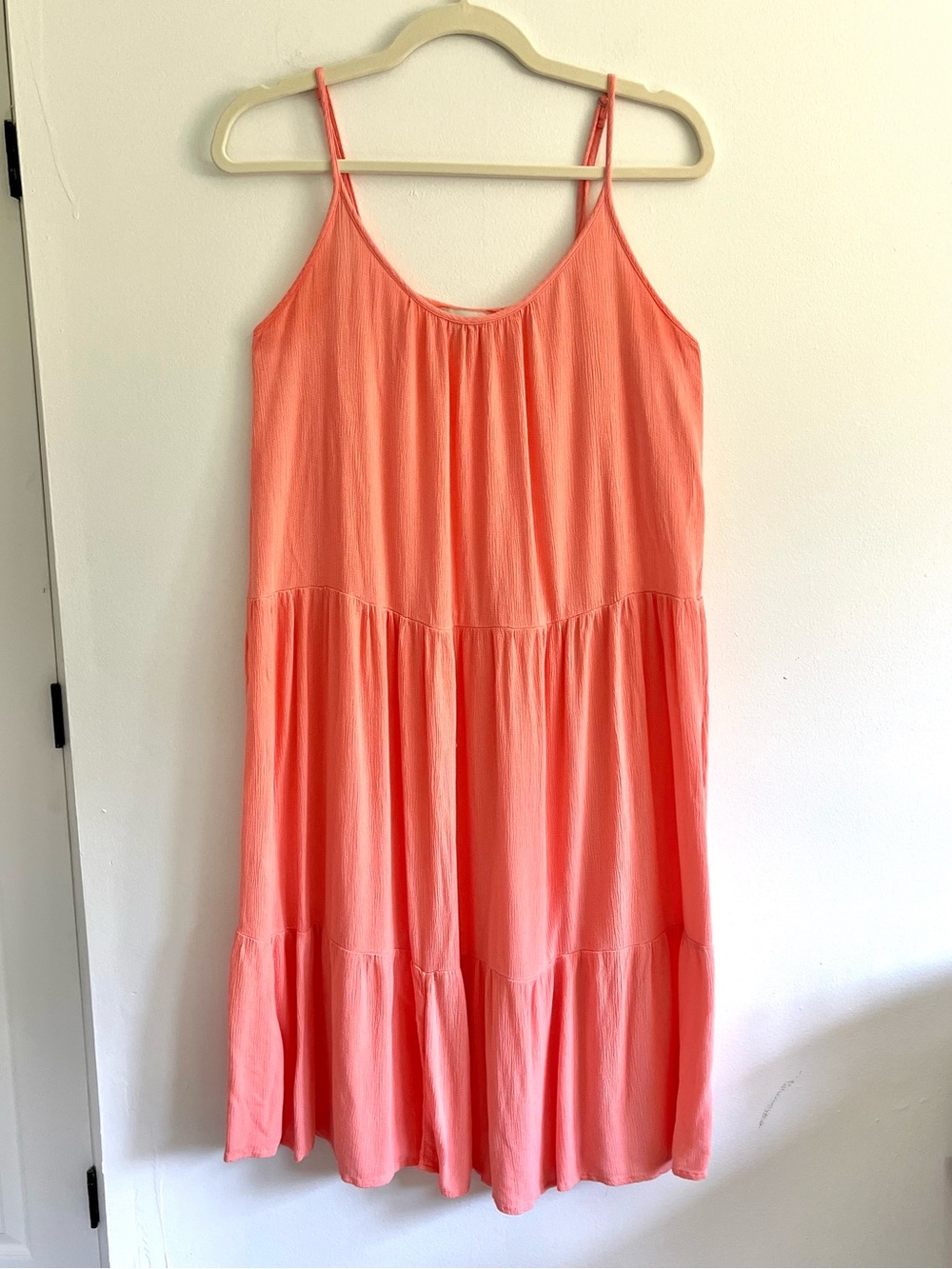 LOFT Coral Flowy Tiered Spaghetti Strap Beach Vacation Colorful Summer Dress Sm